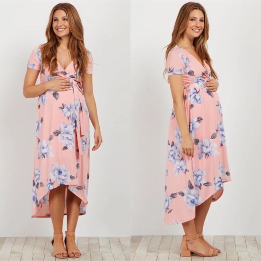 NEW Maternity Pastel Pink Floral Short Sleeve Wrap Dress